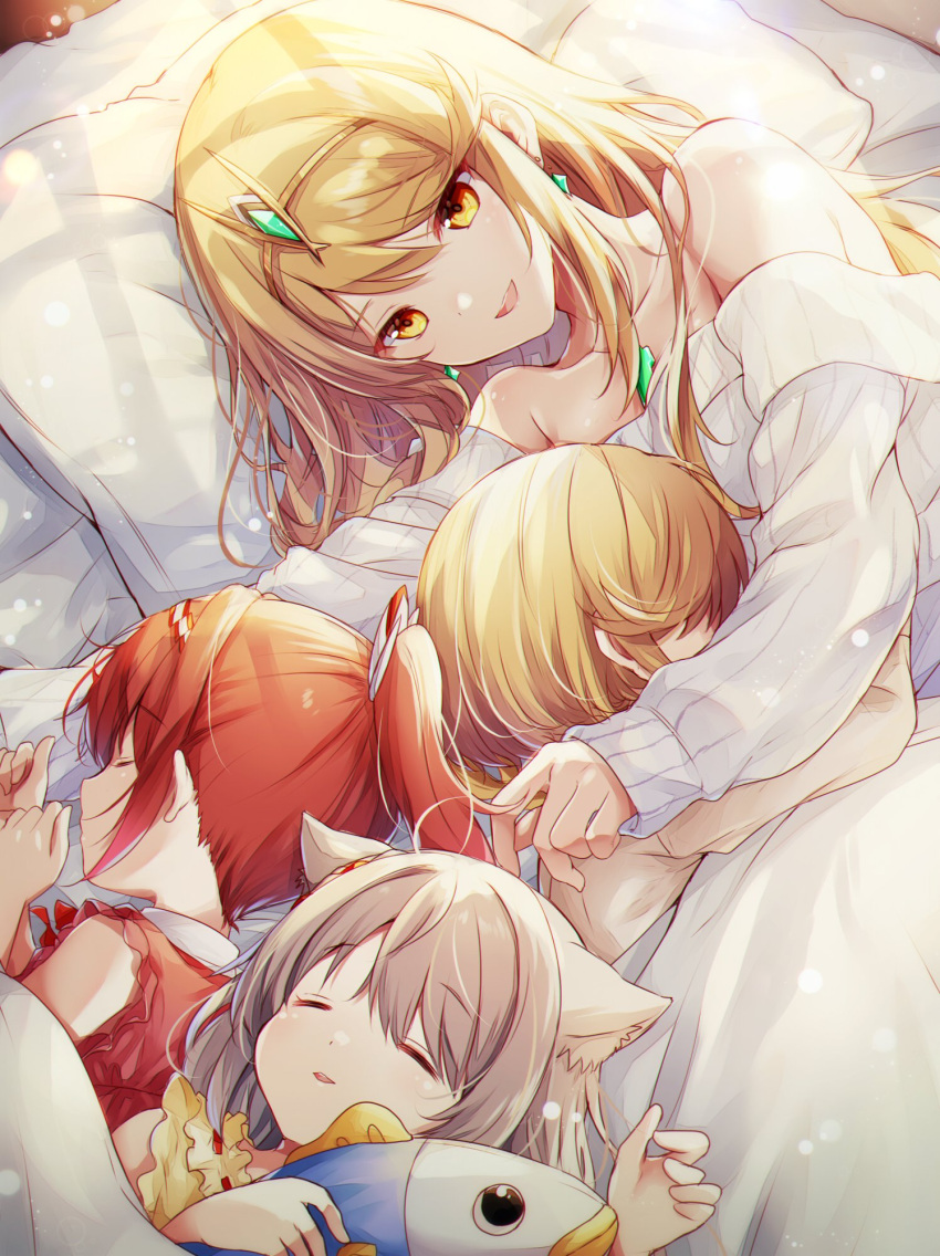 animal_ears bed blonde_hair breasts cat_ears chest_jewel core_crystal_(xenoblade) dangle_earrings earrings gem glimmer_(xenoblade) headpiece highres jewelry long_hair mio_(xenoblade) mother_and_daughter multiple_girls mythra_(xenoblade) sleeping smile swept_bangs tiara ui_frara under_covers xenoblade_chronicles_(series) xenoblade_chronicles_2 xenoblade_chronicles_3 xenoblade_chronicles_3:_future_redeemed yellow_eyes