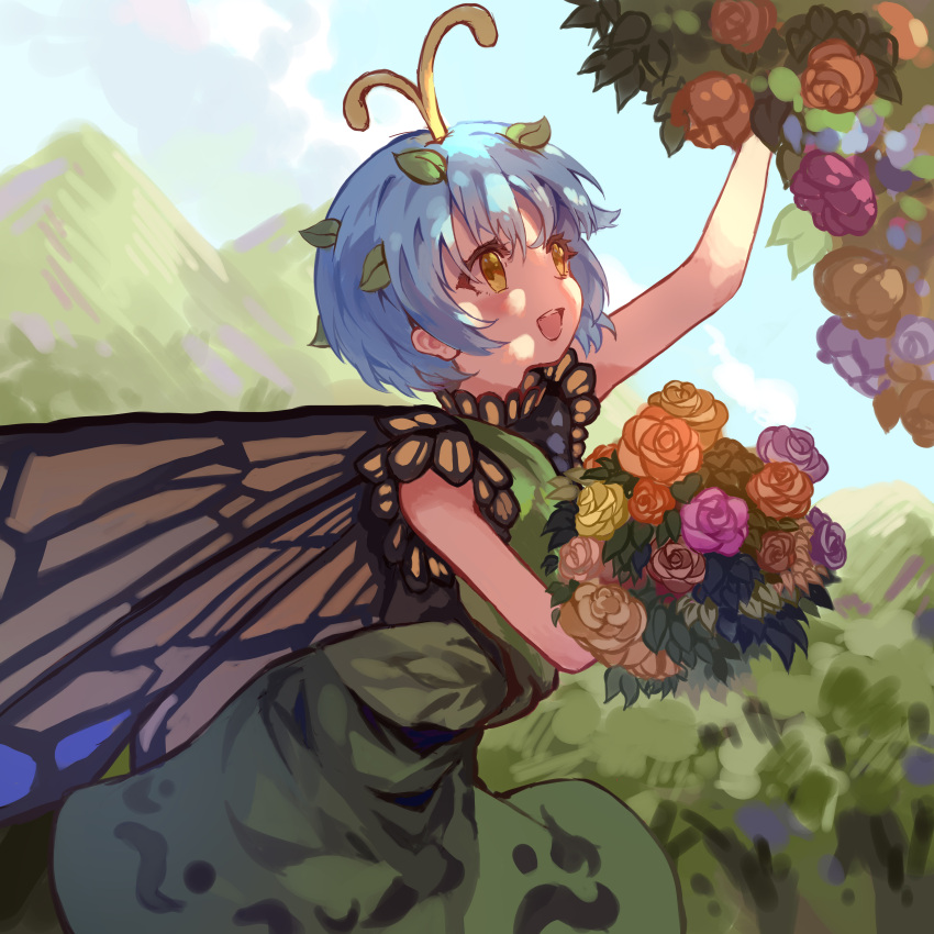 1girl absurdres antennae aqua_hair butterfly_wings dress eternity_larva fairy flower green_dress highres leaf leaf_on_head multicolored_clothes multicolored_dress open_mouth orange_flower pink_flower purple_flower rangque_(user_vjjs4748) red_flower short_hair short_sleeves smile solo touhou wings yellow_eyes yellow_flower