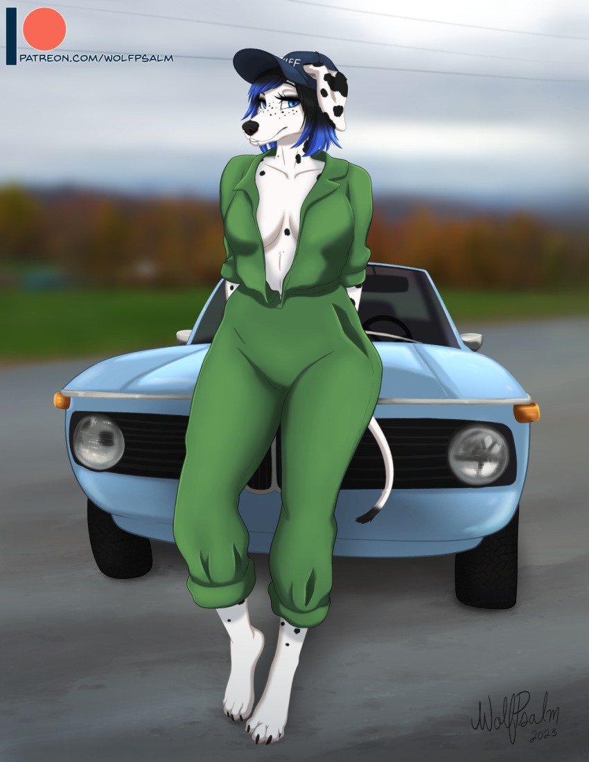 2023 4_toes anthro barefoot black_hair black_nose black_spots bmw breasts canid canine canis car claws cleavage clothed clothing coveralls dalmatian digital_media_(artwork) domestic_dog feet female fur hair hands_behind_back hat headgear headwear hi_res highlights_(coloring) hindpaw mammal mechanic paws purple_eyes purple_highlights roxy_(wolfpsalm) signature solo spots spotted_body spotted_fur text toe_claws toes url vehicle white_body white_fur wolfpsalm