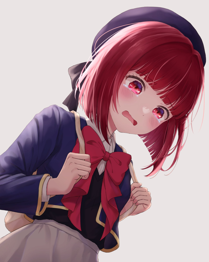 1girl arima_kana beret black_sweater_vest blue_eyes blue_headwear blue_vest bob_cut crying crying_with_eyes_open grey_skirt hat hat_ribbon highres inverted_bob kuri_o_o looking_down open_mouth oshi_no_ko pink_ribbon red_eyes red_hair ribbon school_uniform simple_background skirt sweater_vest tears vest youtou_high_school_uniform