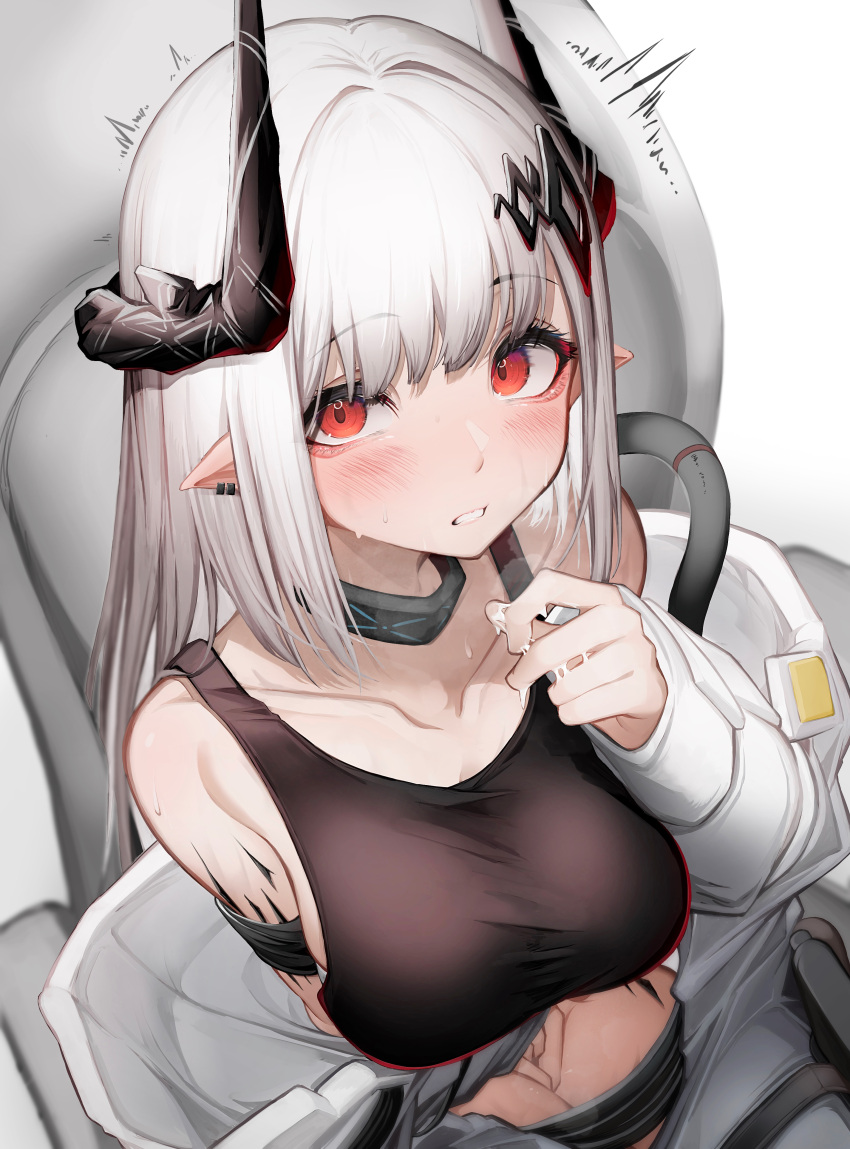 1girl absurdres after_masturbation arknights black_horns blush closed_mouth crop_top highres horns looking_at_viewer mudrock_(arknights) parted_lips pointy_ears pussy_juice red_eyes solo tab_head upper_body white_hair