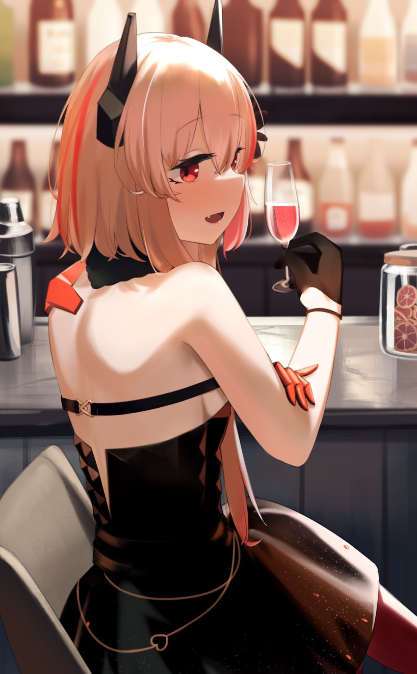 1girl absurdres bar_(place) bare_shoulders black_dress black_gloves blonde_hair blurry blurry_background cup dress drinking_glass fang from_behind girls'_frontline gloves highres hinami047 holding holding_cup long_hair m4_sopmod_ii_(devourer_of_the_feast)_(girls'_frontline) m4_sopmod_ii_(girls'_frontline) mechanical_arms multicolored_hair official_alternate_costume on_chair open_mouth red_eyes red_hair single_mechanical_arm sitting sleeveless sleeveless_dress smile solo wine_glass