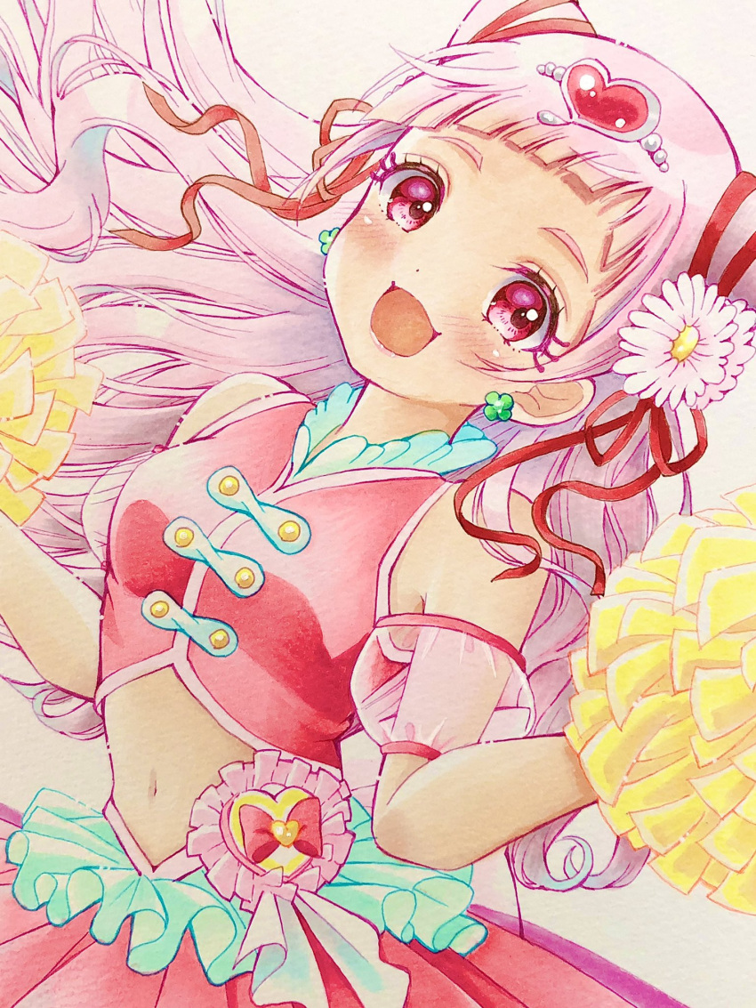 1girl blush clover_earrings commentary_request cone_hair_bun cure_yell earrings flower four-leaf_clover_earrings hair_bun hair_flower hair_ornament hair_ribbon heart heart_hair_ornament heart_pouch highres hugtto!_precure jewelry lilylily0601 long_hair looking_at_viewer magical_girl marker_(medium) navel nono_hana open_mouth pink_eyes pink_hair pom_pom_(cheerleading) precure ribbon short_bangs solo thick_eyelashes traditional_media