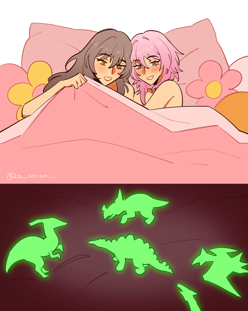 atram bed blanket blue_eyes brown_hair glow-in-the-dark highres honkai:_star_rail honkai_(series) long_hair march_7th_(honkai:_star_rail) multicolored_eyes on_bed open_mouth pillow pink_eyes pink_hair stelle_(honkai:_star_rail) toy_dinosaur trailblazer_(honkai:_star_rail) twitter_username under_covers yellow_eyes yuri