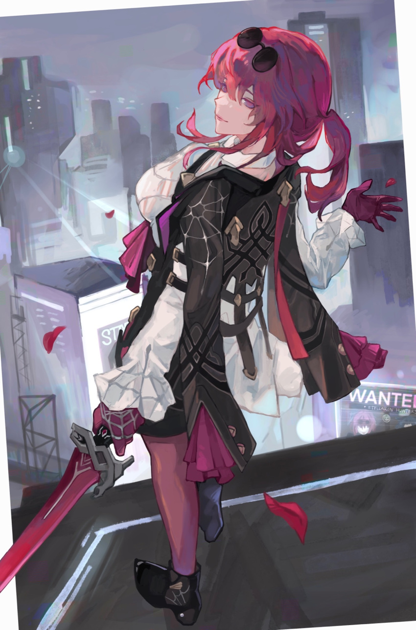 1boy black_footwear blade_(honkai:_star_rail) closed_mouth coat coat_on_shoulders english_text eyewear_on_head full_body gloves highres holding holding_sword holding_weapon honkai:_star_rail honkai_(series) kafka_(honkai:_star_rail) mumu_vosp open_hand outdoors ponytail purple_eyes purple_gloves purple_hair round_eyewear shirt smile standing sword wanted weapon white_shirt white_sleeves