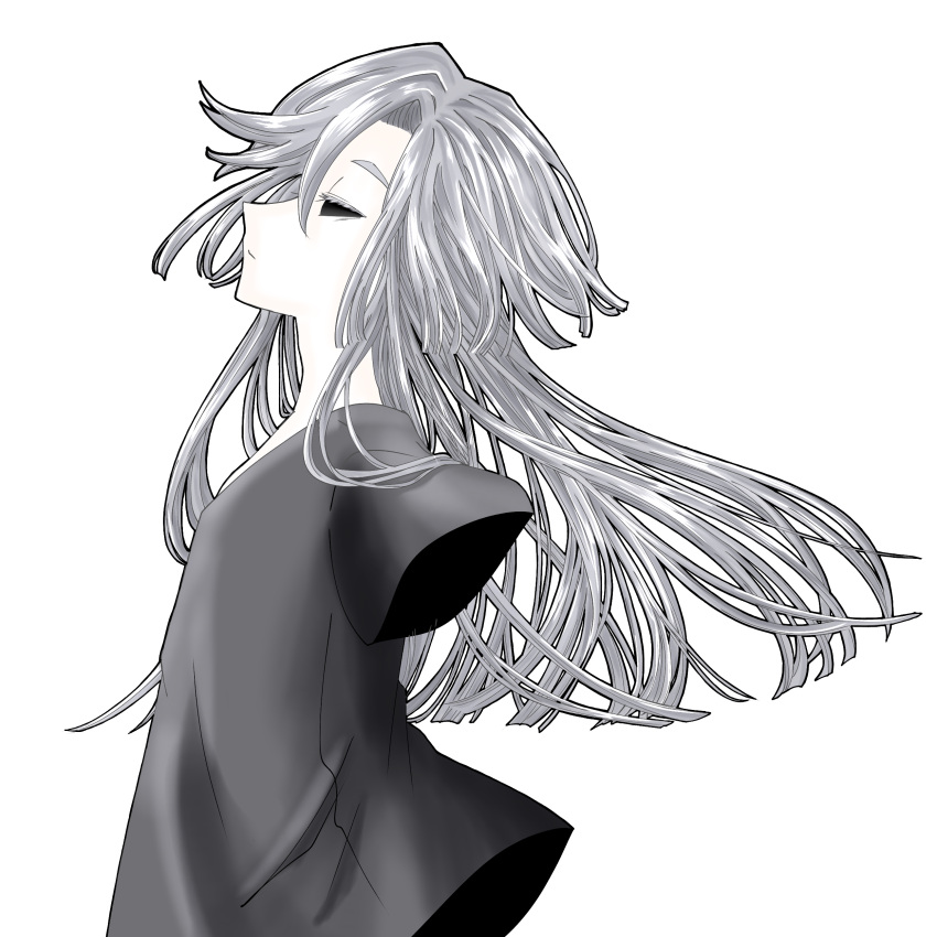 1boy absurdres amputee black_sclera colored_sclera double_amputee from_side grey_hair greyscale highres joseph_cartaphilus kopiki_(dwcsh226) long_hair mahou_tsukai_no_yome male_focus monochrome parted_lips solo swept_bangs white_background