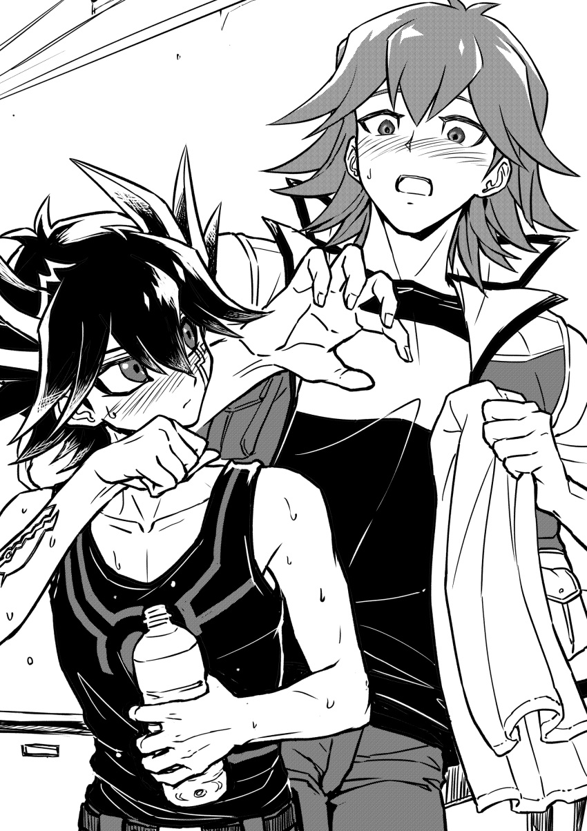 2boys absurdres arm_tattoo black_hair black_tank_top blush bottle bruno_(yu-gi-oh!) drink facial_tattoo fudou_yuusei greyscale hand_up high_collar highres holding holding_drink holding_towel indoors jacket leaning leaning_back leaning_forward looking_at_another looking_to_the_side male_focus monochrome multiple_boys open_mouth pants screentones short_hair spiked_hair surprised sweat sweatdrop tank_top tattoo towel very_sweaty water_bottle wiping_face yaoi youko-shima yu-gi-oh! yu-gi-oh!_5d's