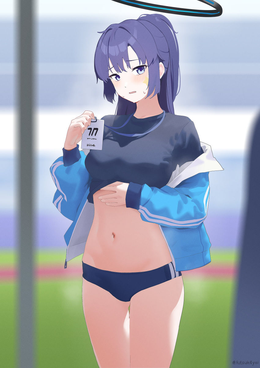 1girl absurdres black_shirt blue_archive blue_buruma blue_jacket breasts buruma clothes_lift futsukayoi gym_shirt gym_uniform halo highres id_card jacket jacket_partially_removed lanyard long_hair looking_at_viewer micro_shorts midriff navel official_alternate_costume partially_unzipped ponytail purple_eyes purple_hair shirt shirt_lift short_sleeves shorts solo star_(symbol) star_sticker sticker sticker_on_face sweat thighs track_jacket yuuka_(blue_archive) yuuka_(gym_uniform)_(blue_archive)