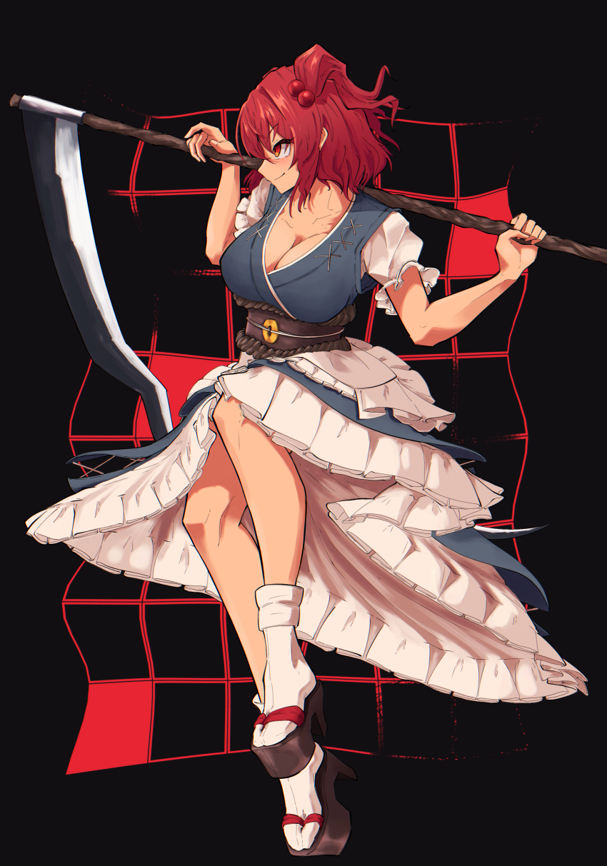 1girl absurdres black_background black_footwear blue_dress breasts cleavage closed_mouth coin dress full_body hair_bobbles hair_ornament high_heels highres holding holding_scythe large_breasts obi odoro_(nicoseiga81184094) onozuka_komachi red_eyes red_hair sash scythe smile socks solo touhou two_side_up white_socks