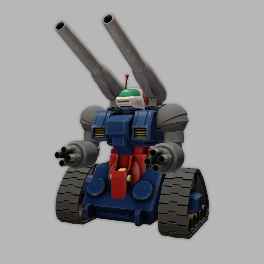 3d arm_cannon cannon caterpillar_tracks chibi concept_art damaged english_commentary grey_background gundam guntank highres mecha mobile_suit mobile_suit_gundam no_humans radio_antenna realistic reistarks robot science_fiction shoulder_cannon solo weapon