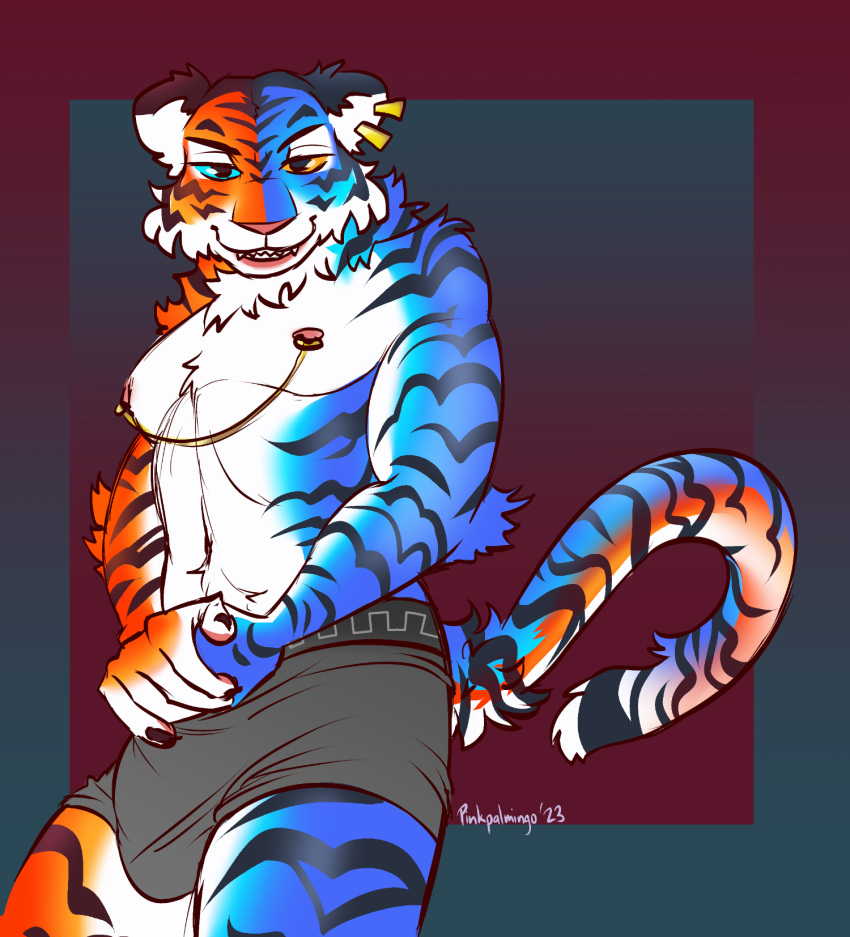 anthro clothing felid heterochromia hi_res looking_at_viewer male mammal nipple_chain pantherine piercing pinkpalmingo smile smirk solo split_color tiger underwear