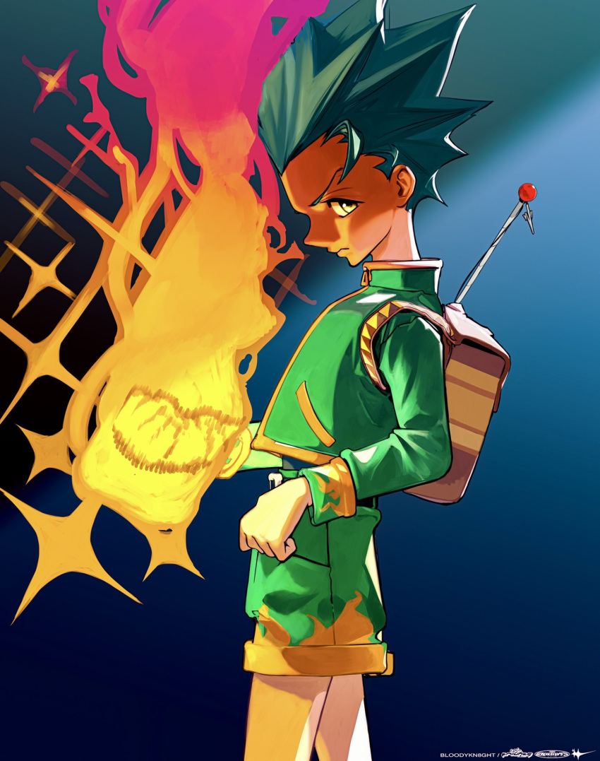 1boy bloodykn8ght blue_background brown_eyes fishing_rod gon_freecss green_hair green_jacket green_shorts highres holding holding_fishing_rod hunter_x_hunter jacket long_sleeves looking_at_viewer male_child male_focus nen_(hunter_x_hunter) profile short_hair shorts signature spiked_hair