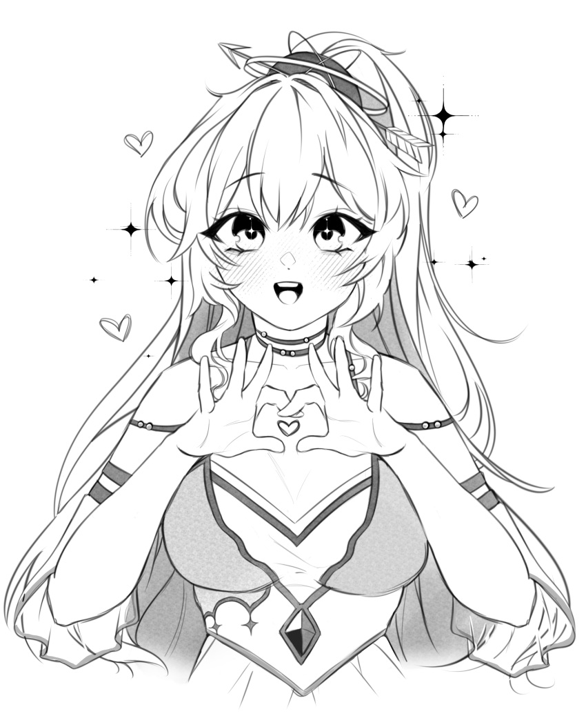 1girl arm_strap arrow_hair_ornament breasts choker collarbone commission dress gem greyscale halo heart heart_hands highres hopetokki indie_virtual_youtuber long_hair monochrome olivia_monroe open_mouth ponytail sketch sleeveless sleeveless_dress solo sparkle upper_body vgen_commission virtual_youtuber