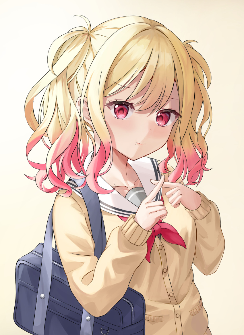 1girl :t absurdres bag blonde_hair blue_bag brown_cardigan buttons cardigan closed_mouth colored_tips commentary gradient_background gradient_hair grey_shirt highres index_fingers_raised long_sleeves looking_at_viewer medium_hair miyamasuzaka_girls'_academy_school_uniform multicolored_hair neckerchief pink_background pink_eyes pink_hair project_sekai red_neckerchief sailor_collar school_bag school_uniform shirafune shirt shoulder_bag solo striped tenma_saki twintails upper_body wavy_hair white_background white_sailor_collar