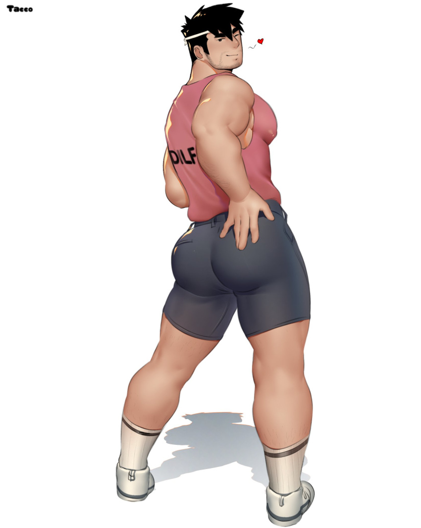 1boy artist_name ass belt black_belt black_hair black_shorts covered_nipples facial_hair hand_on_own_ass heart highres hiro_(taco) looking_at_viewer male_focus one_eye_closed original pink_tank_top short_hair shorts simple_background socks solo taco_(el_tacc0) tank_top thick_thighs thighs white_background