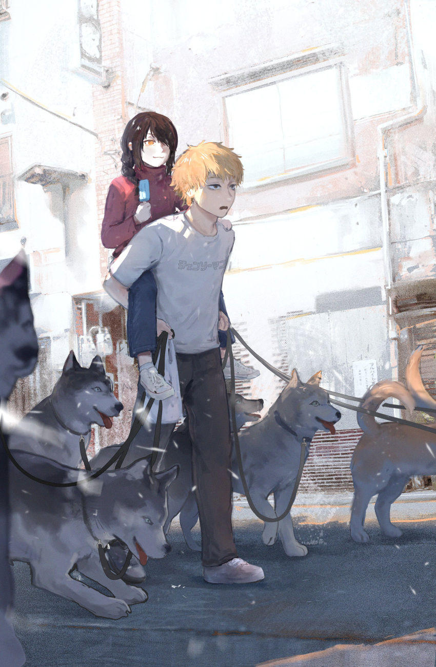 1boy 1girl :3 absurdres bag black_hair blonde_hair braid braided_ponytail carrying carrying_person chainsaw_man denji_(chainsaw_man) dog food highres leash mon_(icebuko) multiple_dogs nayuta_(chainsaw_man) orange_eyes pet_walking piggyback popsicle road shoes shopping_bag side_ponytail smile sneakers street walking