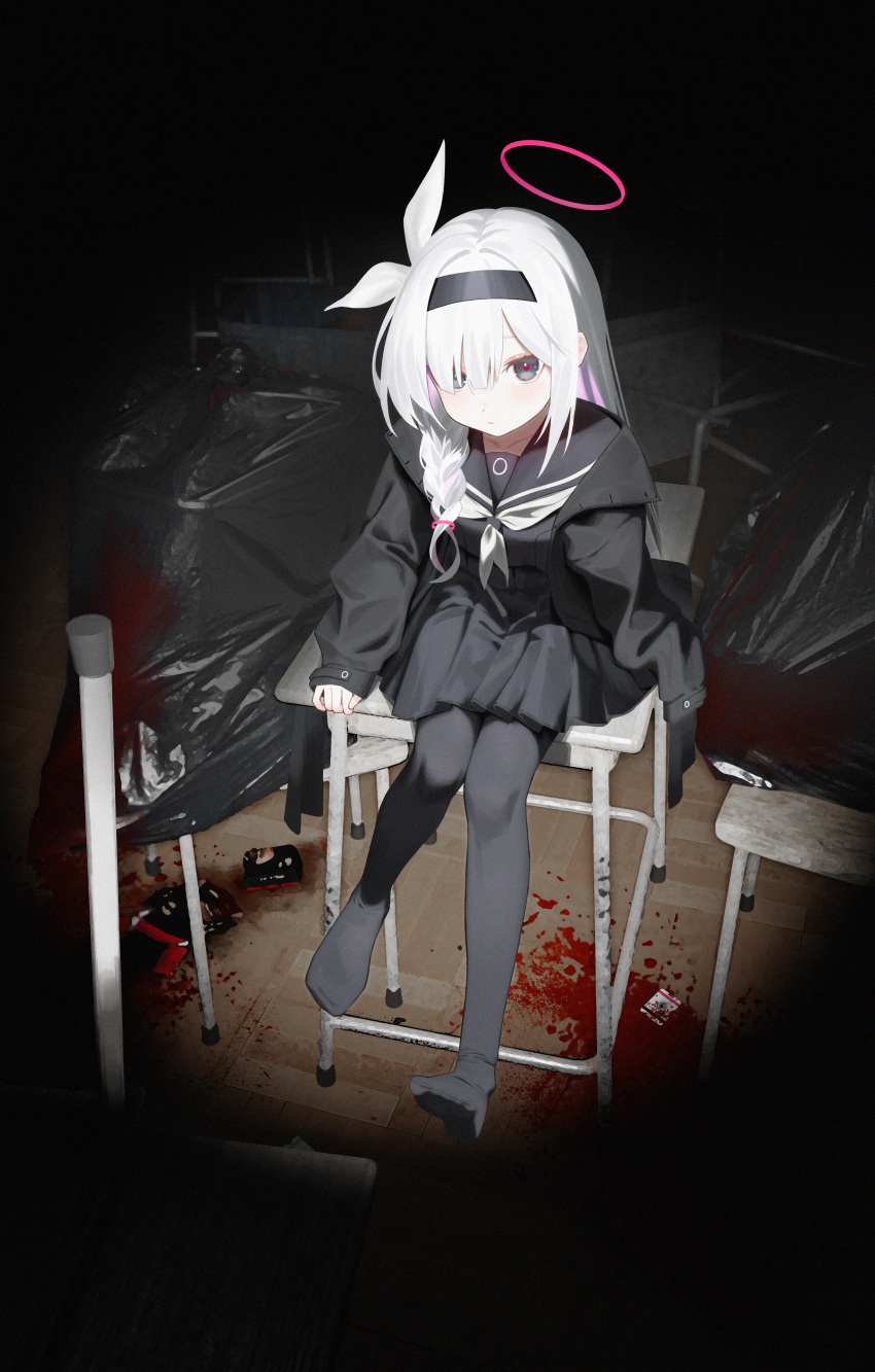 1girl a.r.o.n.a_(blue_archive) absurdres arona_(blue_archive) black_eyes black_pantyhose blood blue_archive blush body_bag braid chair closed_mouth desk hairband halo highres id_card jacket long_hair long_sleeves looking_at_viewer looking_up mr-shin neckerchief no_shoes open_clothes open_jacket pantyhose sailor_collar school_chair school_desk school_uniform sitting sleeves_past_fingers sleeves_past_wrists solo white_hair