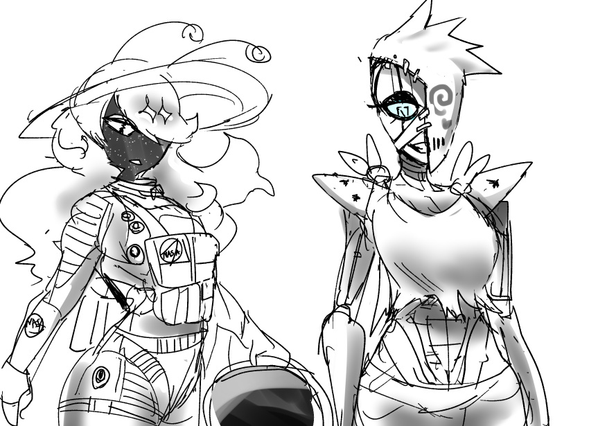 2023 a_star_in_her_eyes alien alien_humanoid antennae_(anatomy) astronaut astronaut_suit black_and_white bottomwear clothing cosmic_body cosmic_flesh crop_top dume_deigh duo exit-665 eyelashes female hair hair_over_eye hi_res humanoid long_hair lyra_kepler machine midriff monochrome nasa not_furry one_eye_obstructed rexhastala robot robot_humanoid segmented_arms segmented_body shirt shorts smile teeth topwear