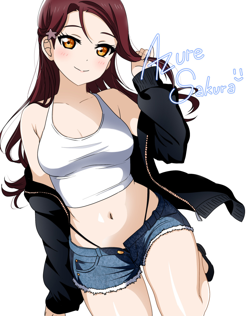 1girl absurdres artist_name azuresakura bare_shoulders black_footwear black_jacket blush breasts closed_mouth collarbone commentary_request cowboy_shot crop_top dark_red_hair denim denim_shorts hair_behind_ear hair_ornament hairclip hand_in_own_hair hand_up highleg highleg_panties highres jacket knee_up long_hair long_sleeves looking_at_viewer love_live! love_live!_sunshine!! medium_breasts midriff navel open_clothes open_fly open_jacket panties sakurauchi_riko short_shorts shorts signature smile solo star_(symbol) star_hair_ornament tank_top underwear white_background white_tank_top yellow_eyes