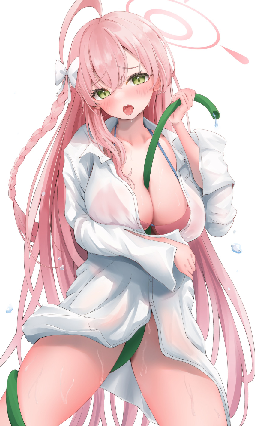 1girl absurdres ahoge between_breasts bikini blue_archive bow braid breasts cleavage collarbone collared_shirt drooling green_eyes hair_between_eyes hair_bow halo hanako_(blue_archive) highres holding holding_hose hose huge_breasts long_hair long_sleeves looking_at_viewer mouth_drool open_mouth p-tomi pink_bikini pink_hair pink_halo shirt simple_background swimsuit teeth thighs tongue very_long_hair white_background white_bow white_shirt