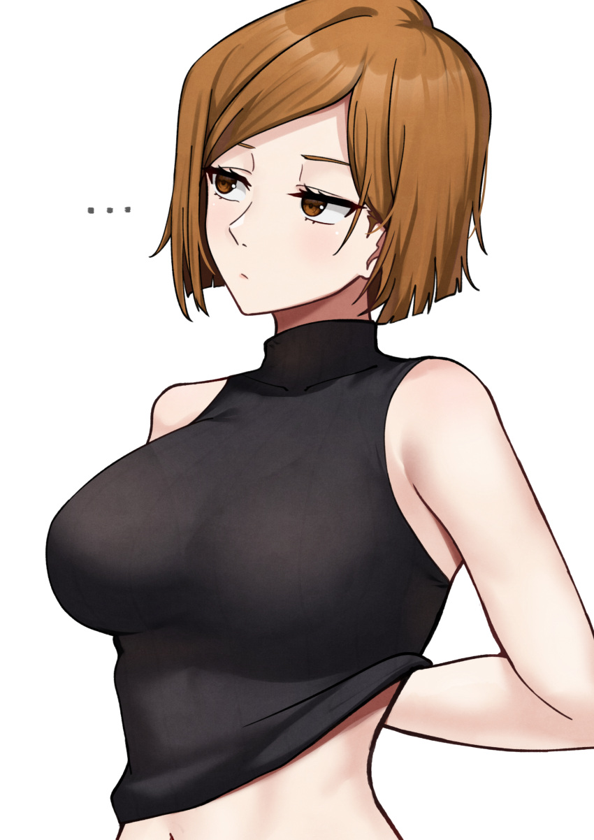 ... 1girl absurdres alternate_breast_size arm_behind_back bra_visible_through_clothes bralines breasts brown_eyes brown_hair closed_mouth expressionless highres jujutsu_kaisen kugisaki_nobara large_breasts looking_to_the_side midriff nassss navel parted_bangs short_hair simple_background sleeveless sleeveless_turtleneck solo turtleneck upper_body white_background