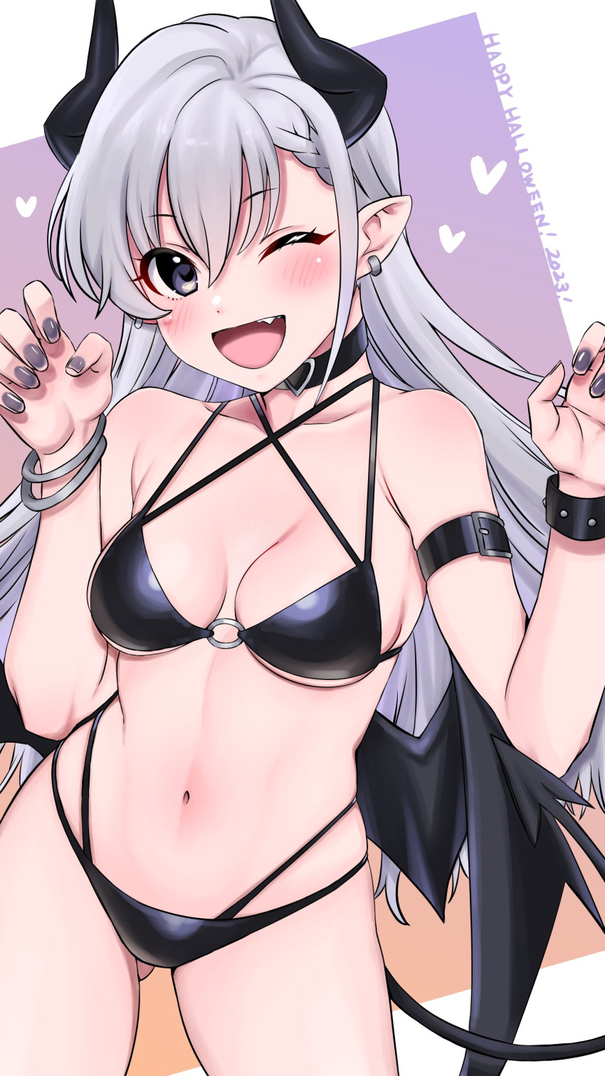 1girl absurdres arm_strap ass_visible_through_thighs bikini black_bikini blue_eyes blush braid braided_bangs breasts choker claw_pose collarbone demon_girl demon_horns demon_tail demon_wings earrings fang grey_hair halloween heart heart_choker highres hisakawa_hayate horns idolmaster idolmaster_cinderella_girls jewelry larmen_sennin long_hair looking_at_viewer nail_polish navel o-ring o-ring_bikini open_mouth smile solo swimsuit tail thighs wings