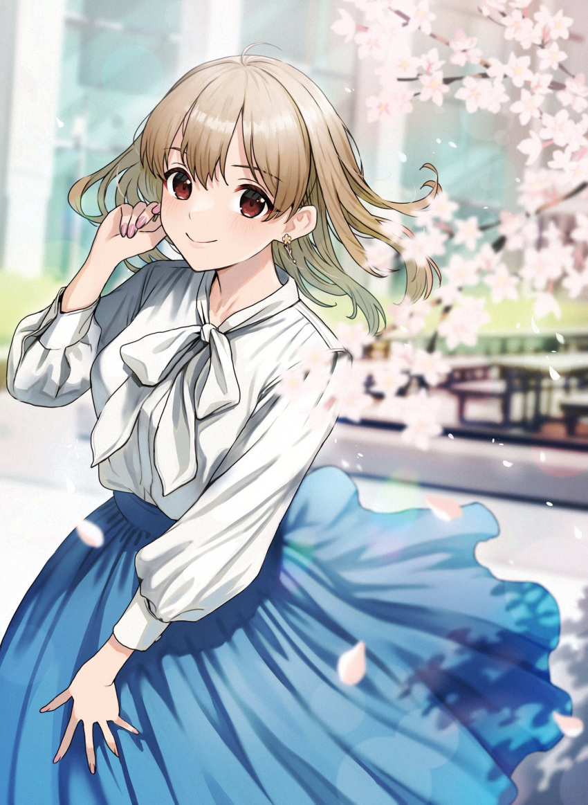 1girl arm_up bench blue_skirt blush branch brown_eyes brown_hair building cherry_blossoms doushimasho grass hand_on_own_cheek hand_on_own_face hand_up highres koibito_ijou_no_koto_wo_kanojo_janai_kimi_to long_skirt long_sleeves minase_ito nail_polish outdoors pavement petals pink_nails shirt short_hair skirt tree white_shirt window