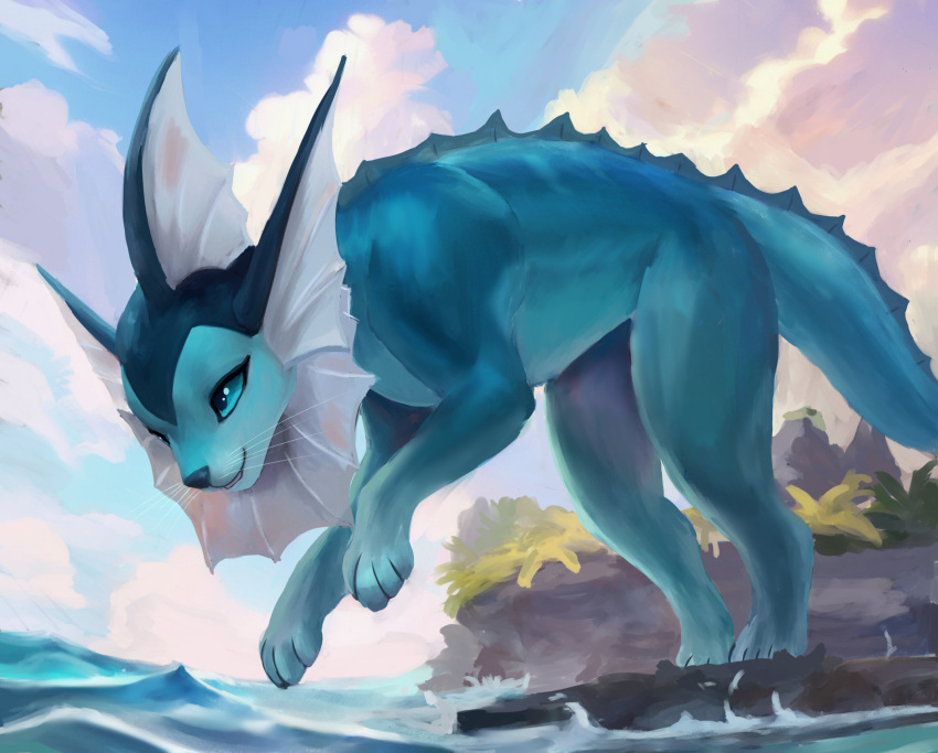 2023 4_legs 4_toes black_nose blue_body blue_eyes blue_skin cloud day digital_media_(artwork) digital_painting_(artwork) diving eeveelution eyelashes feet female feral frill_(anatomy) generation_1_pokemon head_crest head_frill hi_res legs_up looking_at_water mammal membranous_ears multicolored_body mythrava neck_frill nintendo plant pokemon pokemon_(species) quadruped rock sea sky smile solo tail toes vaporeon water whiskers
