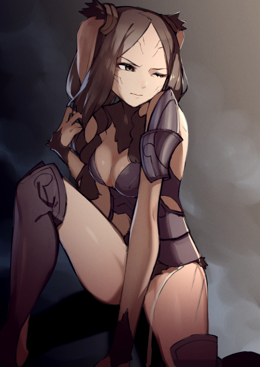 1girl absurdres animal_ears armor breasts brown_eyes brown_fur brown_hair cleavage closed_mouth commission fire_emblem fire_emblem_awakening highres long_hair looking_to_the_side one_eye_closed panne_(fire_emblem) pixiv_commission rabbit_ears rabbit_girl rindoriko shoulder_armor solo taguel