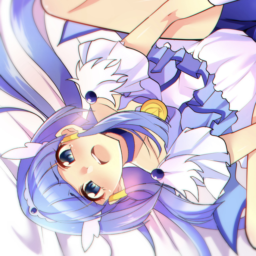 1girl :o absurdres aoki_reika bed_sheet bike_shorts blue_choker blue_eyes blue_hair blue_shorts blue_skirt brooch choker chromatic_aberration clothes_lift collarbone cure_beauty dot_nose hair_tubes head_wings highres jewelry long_hair lying magical_girl mitsuki_tayura on_back open_mouth precure shiny_skin shorts sidelocks skirt skirt_lift smile_precure! solo spread_legs tears wings