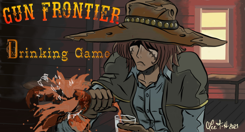 1970s_(style) 1boy 2021 absurdres alcohol broken_bottle brown_hair bullet_hole cowboy cowboy_hat cowboy_western dated debris english_commentary english_text glass gloves gun_frontier_(western) harlock hat highres matsumoto_leiji_(style) multiple_scars official_style retro_artstyle sad scar scar_on_face scotchfairy signature title torn_clothes upper_body whiskey window