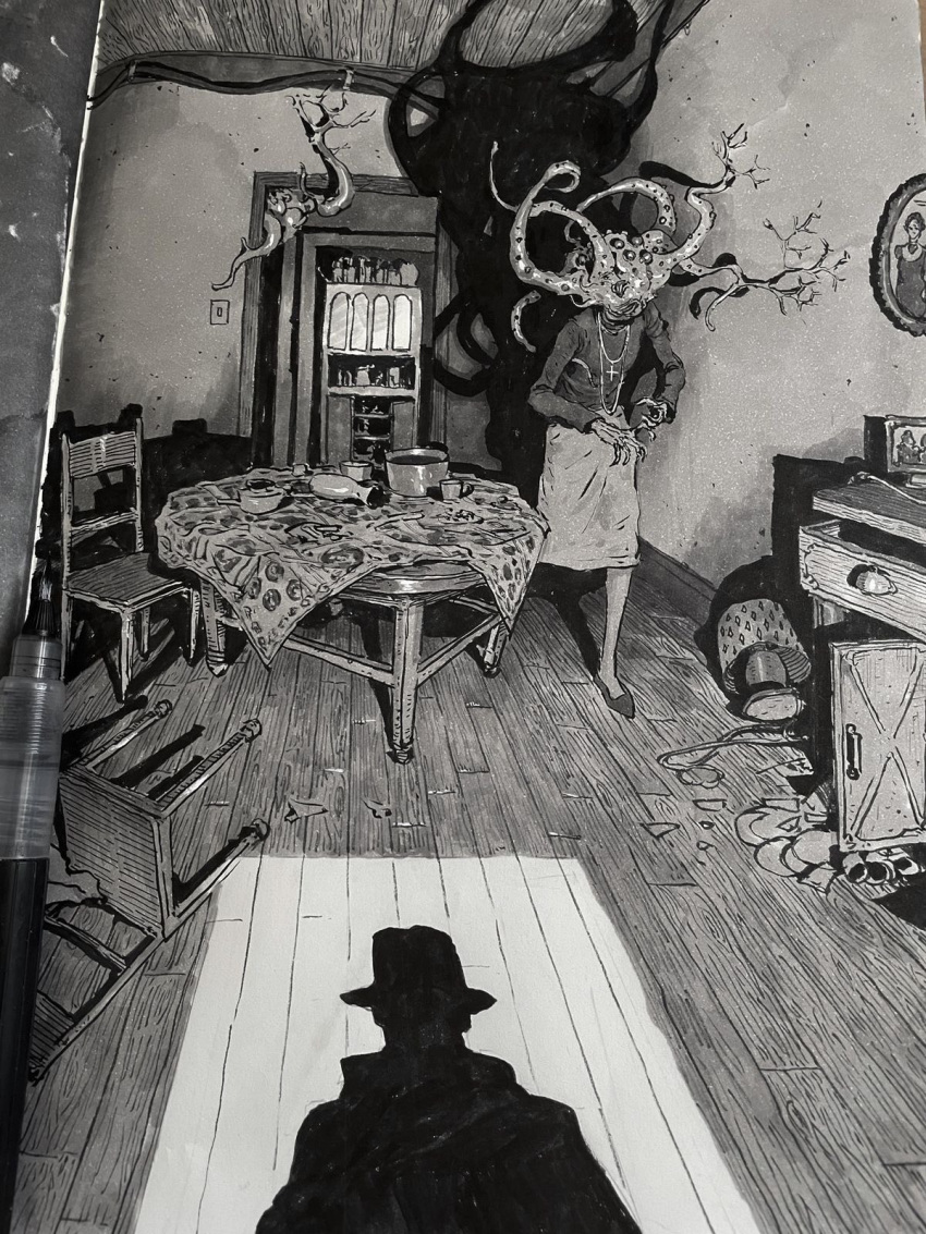 1boy 1girl chair creature cross cross_necklace fusion greyscale highres horacioaltuna horror_(theme) indoors ink jewelry lamp messy_room monochrome monster monster_girl necklace open_door original pov shadow skirt table traditional_media walking