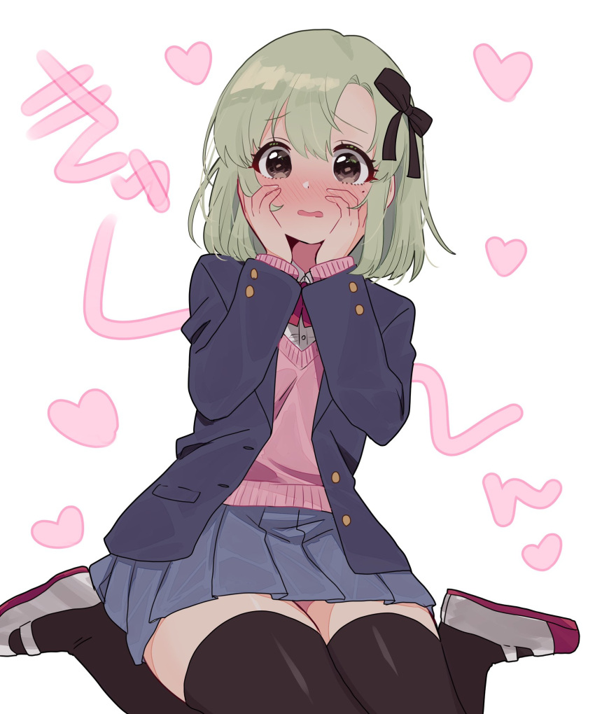 1girl black_ribbon black_thighhighs blush cardigan green_hair grey_jacket grey_skirt hair_ribbon hands_on_own_face highres idolmaster idolmaster_(classic) idolmaster_starlit_season idolmaster_stella_stage jacket long_sleeves looking_at_viewer mole mole_under_eye neck_ribbon open_clothes open_jacket open_mouth pink_cardigan pink_ribbon pleated_skirt ribbon saito_katuo school_uniform shiika_(idolmaster) shirt shoes sitting skirt solo thighhighs uwabaki wariza white_background white_shirt wince zettai_ryouiki