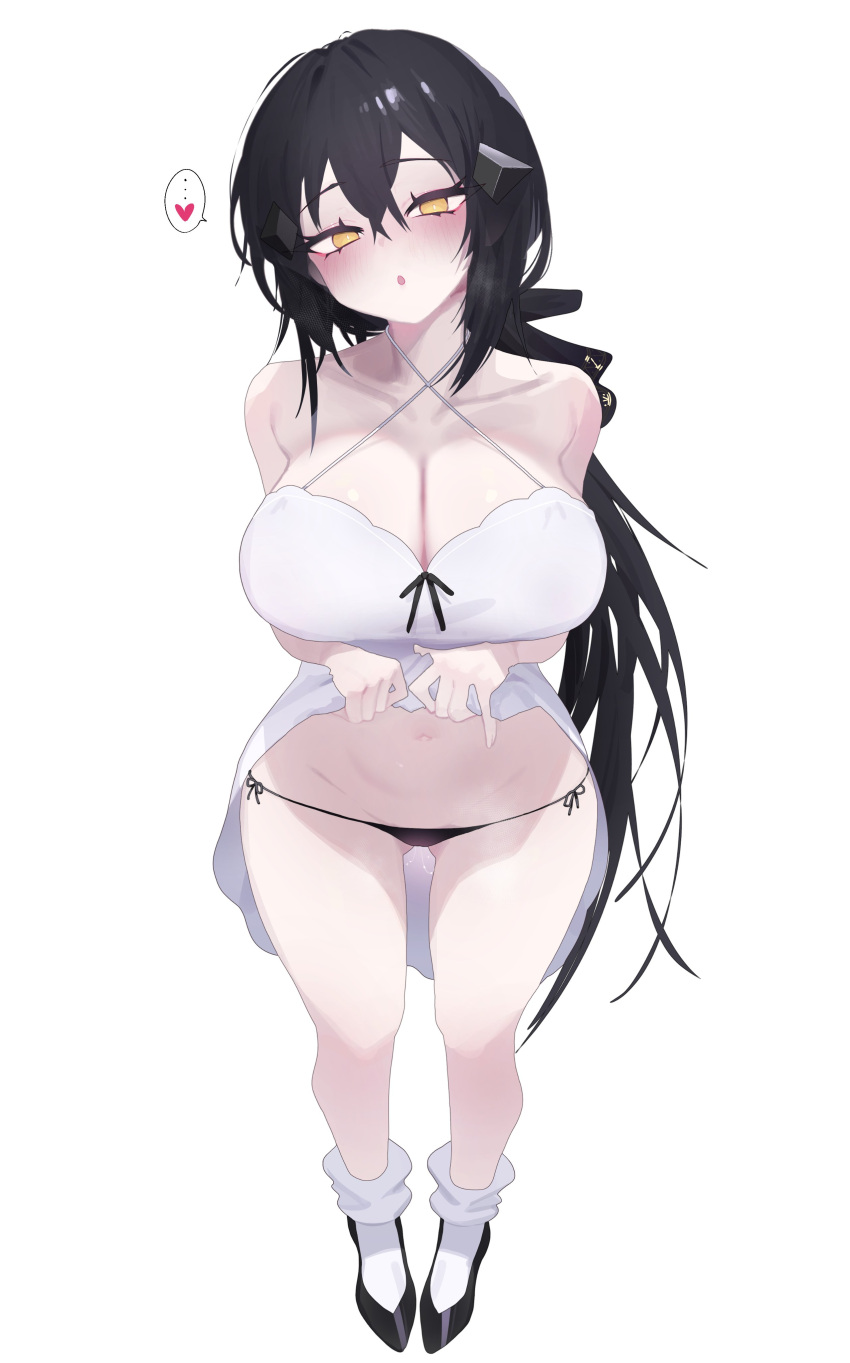 1girl :o absurdres bare_shoulders black_hair blush breasts cleavage clothes_lift collarbone dandelion_(girls'_frontline) dress dress_lift eonsang full_body girls'_frontline heart high_heels highres large_breasts long_hair looking_at_viewer navel panties pussy_juice pussy_juice_drip_through_clothes side-tie_panties solo spoken_heart underwear very_long_hair yellow_eyes