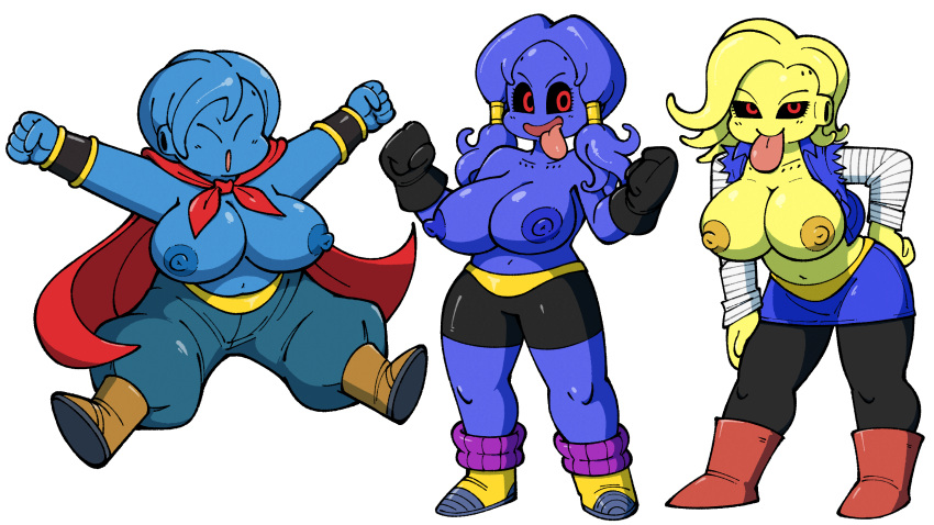 alien alien_humanoid alternate_species android_18 areola big_breasts black_bottomwear black_clothing black_legwear black_sclera black_shorts black_tights blonde_hair blue_areola blue_body blue_bottomwear blue_clothing blue_hair blue_nipples blue_pants blue_skirt blue_topwear bottomwear bracelet breasts brown_clothing brown_footwear brown_shoes bulma clothed clothing dragon_ball eyelashes eyes_closed female footwear group hair hand_on_hip hi_res huge_breasts humanoid jewelry legwear looking_at_viewer majin navel nipples open_mouth open_smile orange_areola orange_nipples pants red_cape red_clothing red_eyes red_footwear red_shoes shoes shorts simple_background skirt smile stealth-brock thick_thighs tights tongue tongue_out topless topwear trio videl white_background white_clothing white_topwear wide_hips yellow_body yellow_clothing yellow_footwear yellow_shoes