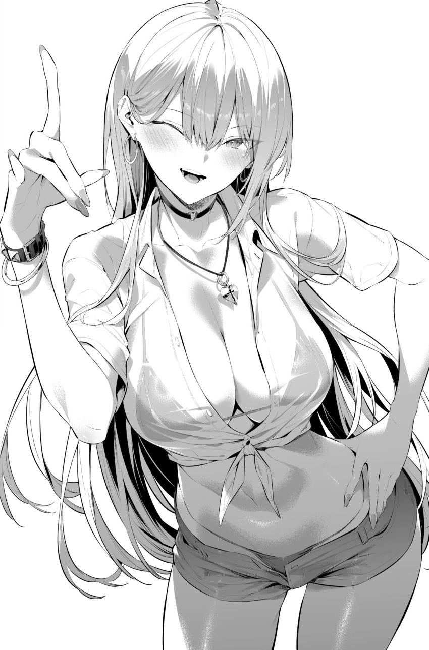 1girl bikini bikini_under_clothes bracelet breasts choker cleavage collarbone ear_piercing earrings greyscale hair_between_eyes hand_on_own_hip heart heart_necklace highres hiiragi_yuuichi hoop_earrings jewelry large_breasts leaning_forward monochrome navel necklace one_eye_closed open_mouth original piercing shirt short_shorts short_sleeves shorts solo studded_bracelet swimsuit tied_shirt