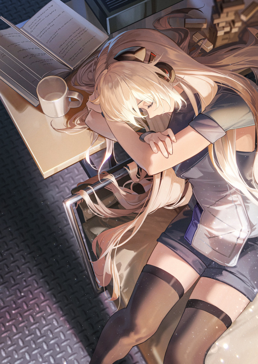 1girl absurdres alternate_costume bed blonde_hair book bracelet breasts closed_eyes closed_mouth coffee_mug commission cup dress g3_(girls'_frontline) girls'_frontline hair_ornament highres jenga jewelry long_hair mug open_book pixiv_commission rff_(3_percent) short_sleeves sleeping solo thighhighs very_long_hair