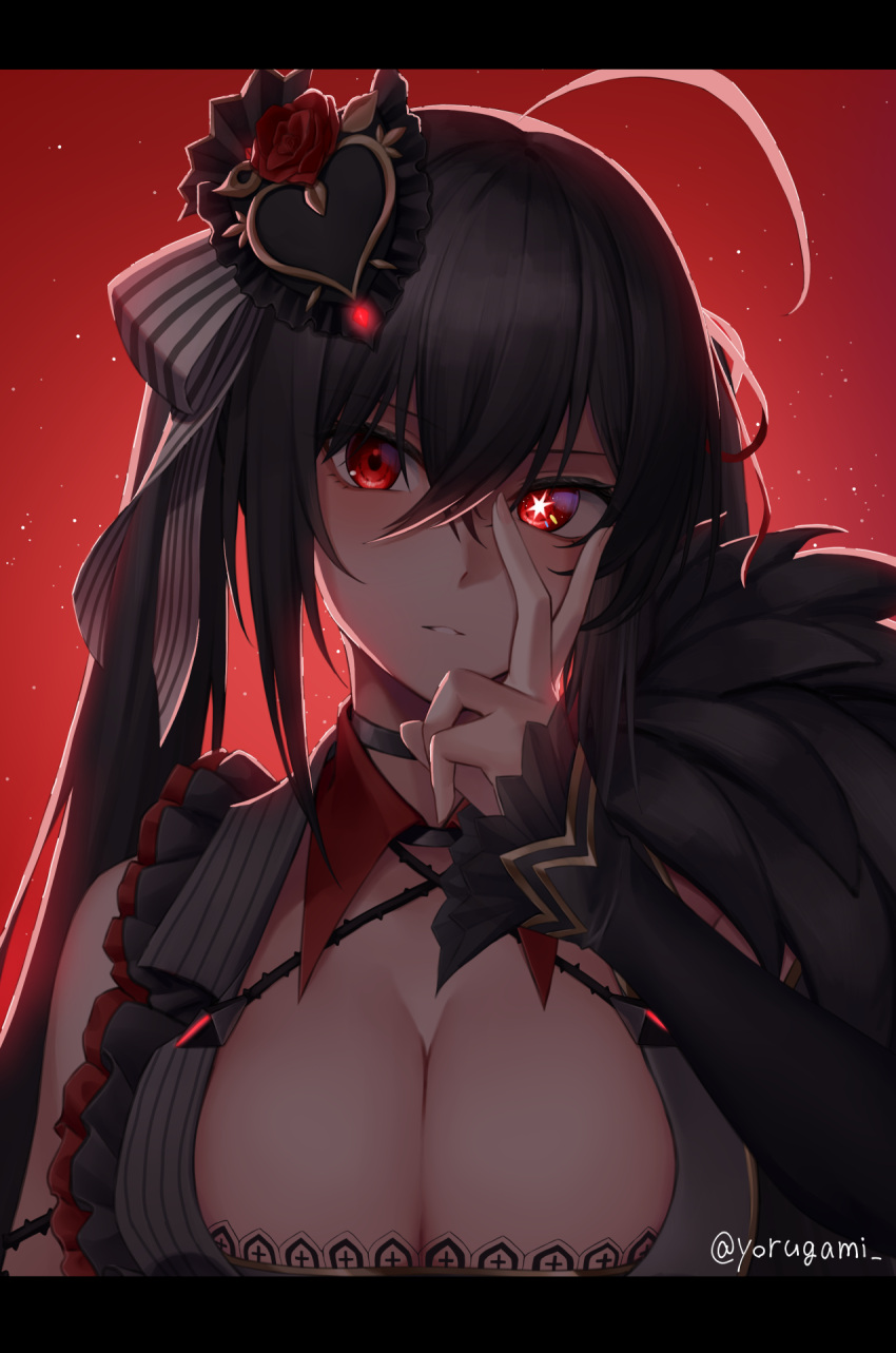 1girl ahoge artist_name asymmetrical_sleeves azur_lane black_choker black_dress black_hair breasts choker cleavage cleavage_cutout clothing_cutout crossed_bangs detached_sleeves dress glowing glowing_eye hair_between_eyes hair_ornament hand_on_own_face highres idol large_breasts letterboxed light_brown_hair long_hair long_sleeves looking_at_viewer official_alternate_hairstyle red_background red_eyes simple_background solo star-shaped_pupils star_(symbol) symbol-shaped_pupils taihou_(azur_lane) taihou_(muse)_(azur_lane) uneven_sleeves upper_body v yorugami_rei