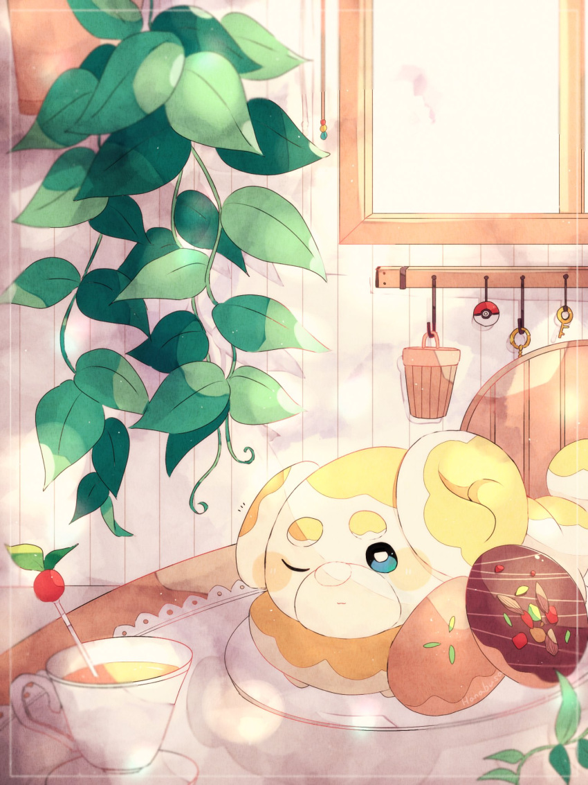 animal_focus commentary_request cup dog doughnut fidough food hanabusaoekaki highres indoors leaf no_humans one_eye_closed poke_ball_symbol pokemon pokemon_(creature) solid_oval_eyes solo stirring_rod sunlight table tea teacup window