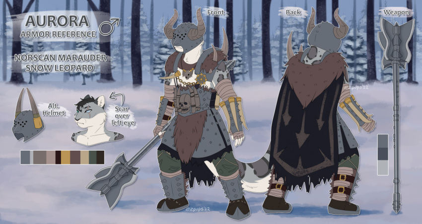 2_horns anthro armor bandage bandaged_arm bone bottomwear cape clothed clothing detailed_background ezpups facial_scar felid footwear fully_clothed fur headgear helmet holding_object holding_weapon horn inner_ear_fluff jewelry male mammal model_sheet necklace outside pantherine pants plant scar shin_guards shoes skull snow snow_leopard solo spots spotted_body spotted_fur tail tree tuft weapon