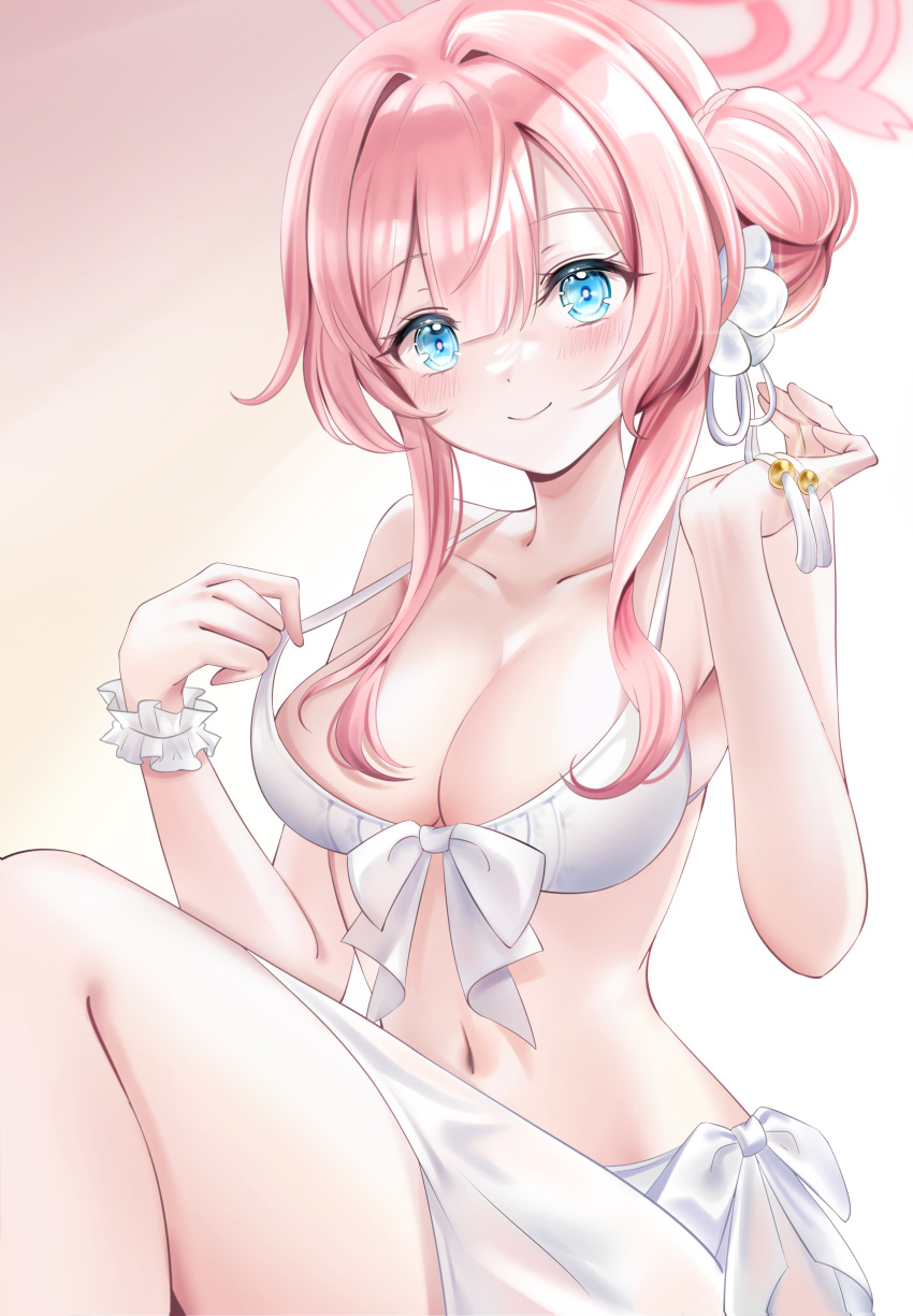 1girl absurdres bare_shoulders bikini blue_archive blue_eyes blush braid braided_bun breasts cleavage closed_mouth collarbone front-tie_bikini_top front-tie_top hair_bun hair_intakes hair_ornament halo head_tilt highres iyusei_02 knee_up large_breasts looking_at_viewer mimori_(blue_archive) mimori_(swimsuit)_(blue_archive) navel official_alternate_costume pink_hair sarong scrunchie single_side_bun sitting smile solo stomach swimsuit tassel tassel_hair_ornament thighs white_bikini white_sarong wrist_scrunchie
