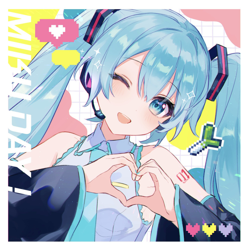 1girl aqua_eyes aqua_hair aqua_nails aqua_necktie bangs bare_shoulders black_hair blush collared_shirt commentary detached_sleeves hair_between_eyes hair_ornament harutoto hatsune_miku head_tilt heart heart_hands highres long_hair looking_at_viewer microphone miku_day necktie one_eye_closed open_mouth pixel_heart shirt sleeveless sleeveless_shirt smile solo sparkle spring_onion symbol-only_commentary teeth twintails upper_body upper_teeth_only vocaloid
