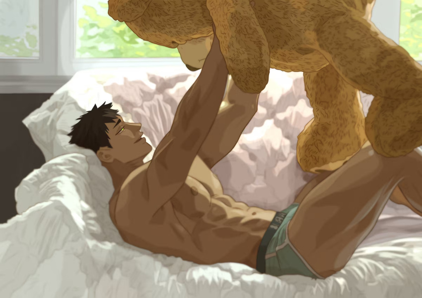 1boy abs alternate_body_size bara bright_pupils couch green_male_underwear haikyuu!! highres holding holding_stuffed_toy iwaizumi_hajime male_focus male_underwear muscular muscular_male nipples on_couch open_mouth pectorals photo-referenced simonsuke smile stuffed_animal stuffed_toy teddy_bear underwear window yellow_eyes