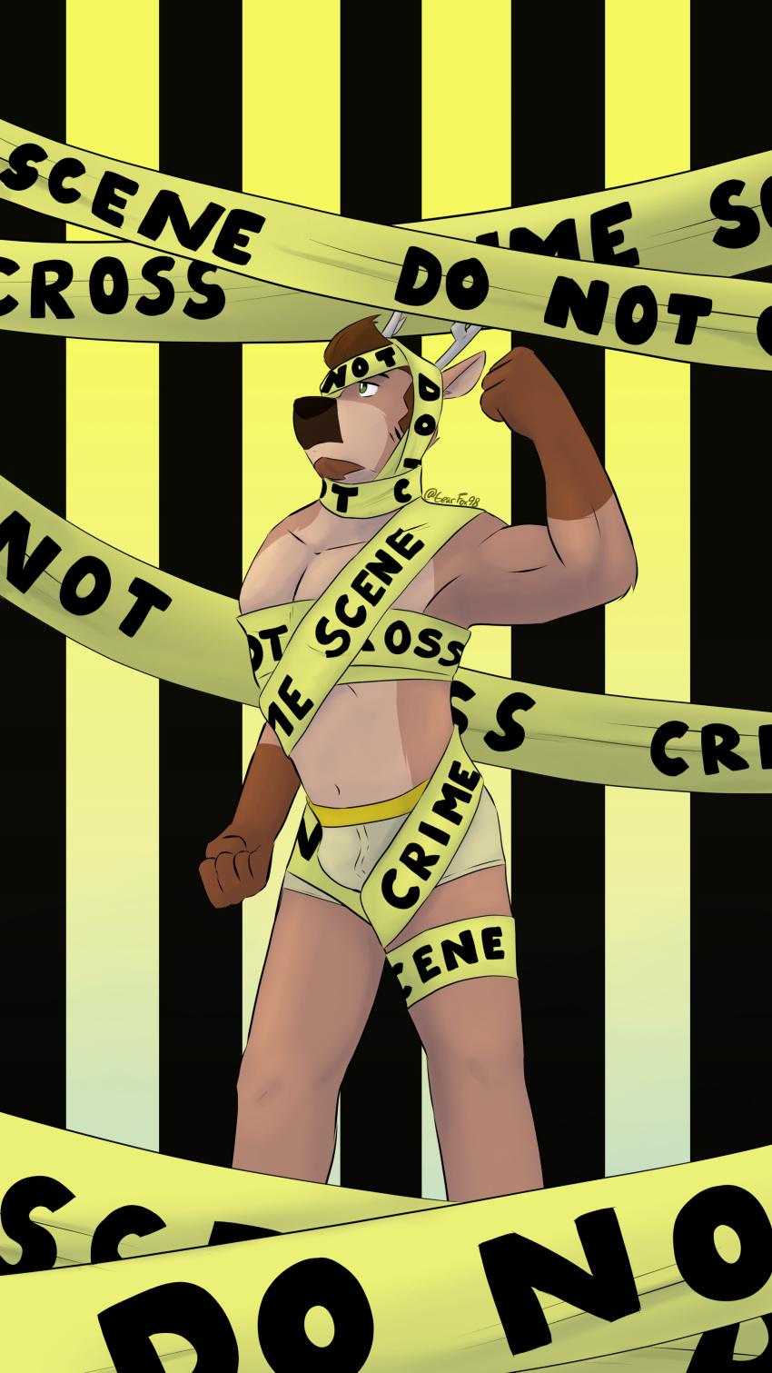 absurd_res anthro antlers beard brown_hair bulge clothing crime_scene deer digital_media_(artwork) facial_hair flexing gearfox98 green_eyes hair hector_(gearfox98) hi_res horn male mammal ribbons solo underwear