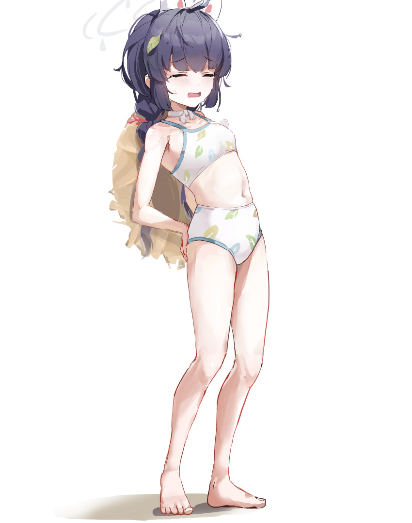 1girl absurdres ahoge animal_ears bare_legs barefoot bikini black_hair blue_archive blunt_bangs braid collarbone commentary_request exhausted fake_animal_ears feet full_body halo hands_on_own_hips hat hat_behind_back highres indonesian_commentary leaf leaf_on_head leaning_back legs long_hair low_twin_braids low_twintails miyu_(blue_archive) miyu_(swimsuit)_(blue_archive) navel official_alternate_costume official_alternate_hairstyle print_bikini rabbit_ears sidelocks simple_background sleeveless solo sstthei stomach straw_hat stretching swimsuit toenails toes twin_braids twintails white_background white_bikini