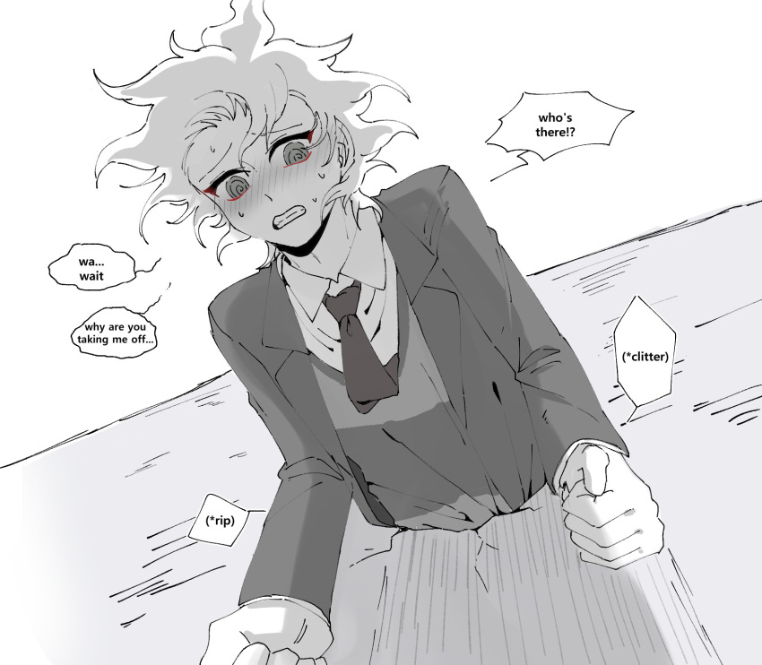 1boy @_@ blush clenched_hands clenched_teeth collared_shirt danganronpa_(series) danganronpa_3_(anime) from_below highres hope's_peak_academy_school_uniform komaeda_nagito lapels layered_sleeves long_sleeves male_focus messy_hair necktie school_uniform seumol_sx shirt short_hair short_necktie solo spot_color suit_jacket sweat teeth through_wall upper_body vest wavy_hair
