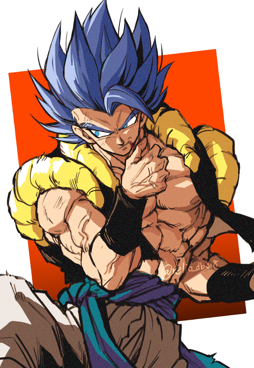 1boy abs absurdres blood blood_from_mouth blood_on_face blue_eyes blue_hair blue_sash dragon_ball dragon_ball_super gogeta highres male_focus metamoran_vest muscular muscular_male open_clothes open_vest pants pectorals relio_db318 sash spiked_hair super_saiyan super_saiyan_blue veins vest white_pants