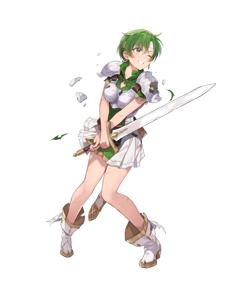 1girl armor belt boots breastplate broken broken_armor broken_sword broken_weapon clenched_teeth dress earrings fee_(fire_emblem) fire_emblem fire_emblem:_genealogy_of_the_holy_war fire_emblem_heroes full_body gold_trim green_eyes grey_hair headband highres holding holding_sword holding_weapon jewelry non-web_source official_art one_eye_closed parted_lips sheath sheathed short_dress short_hair short_sleeves shoulder_armor solo sword teeth torn_clothes weapon yuko_(uc_yuk)