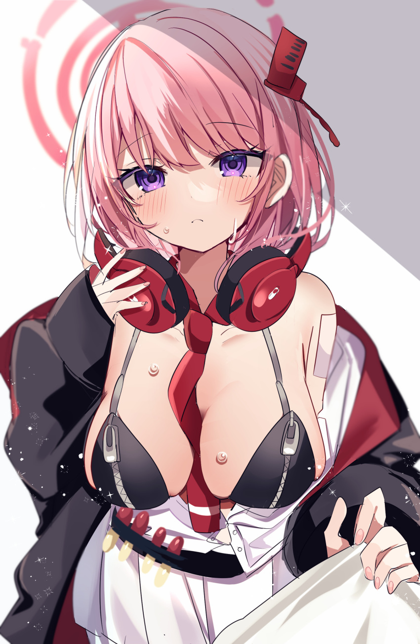 absurdres black_jacket blue_archive breasts eimi_(blue_archive) headphones headphones_around_neck highres jacket large_breasts long_hair looking_at_viewer necktie pink_hair purple_eyes red_headphones red_necktie shirt white_shirt yunomi_(1126js03cono)