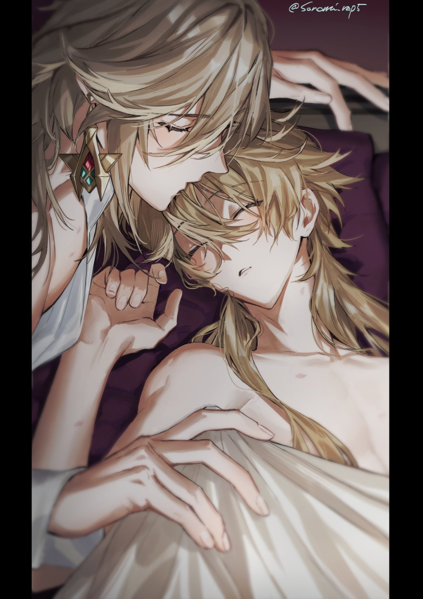 2boys aether_(genshin_impact) alternate_hairstyle bed blonde_hair closed_eyes commentary covering earrings genshin_impact hair_between_eyes hair_down highres jewelry kaveh_(genshin_impact) long_hair lying male_focus multiple_boys nude nude_cover on_back pillarboxed pillow sleeping sonomi symbol-only_commentary upper_body yaoi